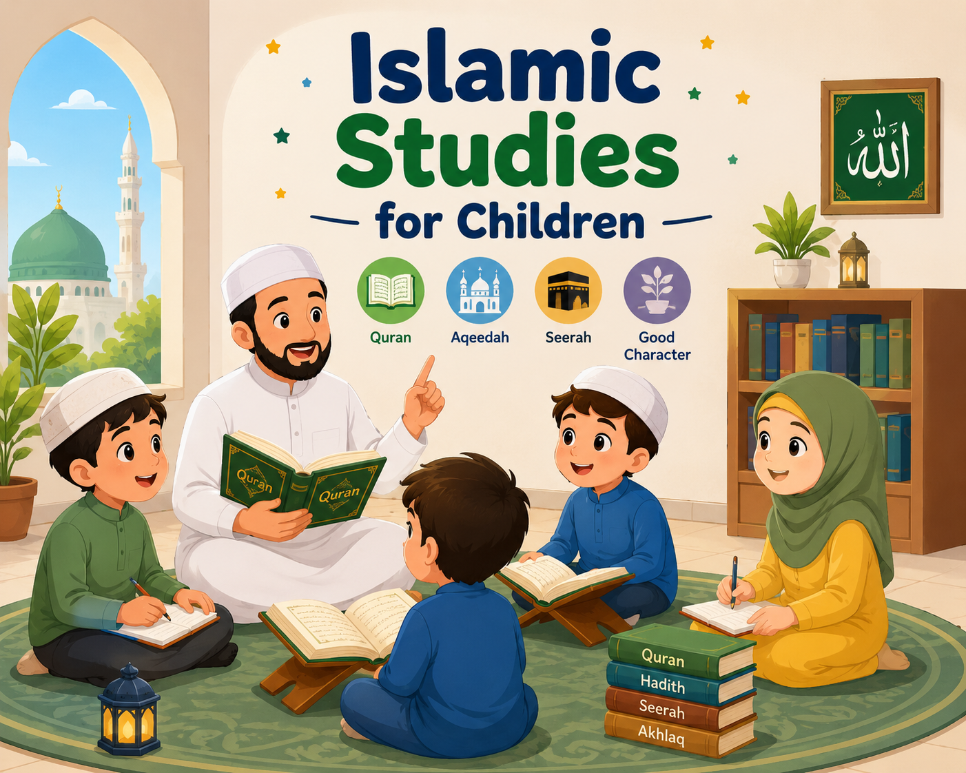 Books and study materials prepared for a structured children’s Islamic studies lesson.
